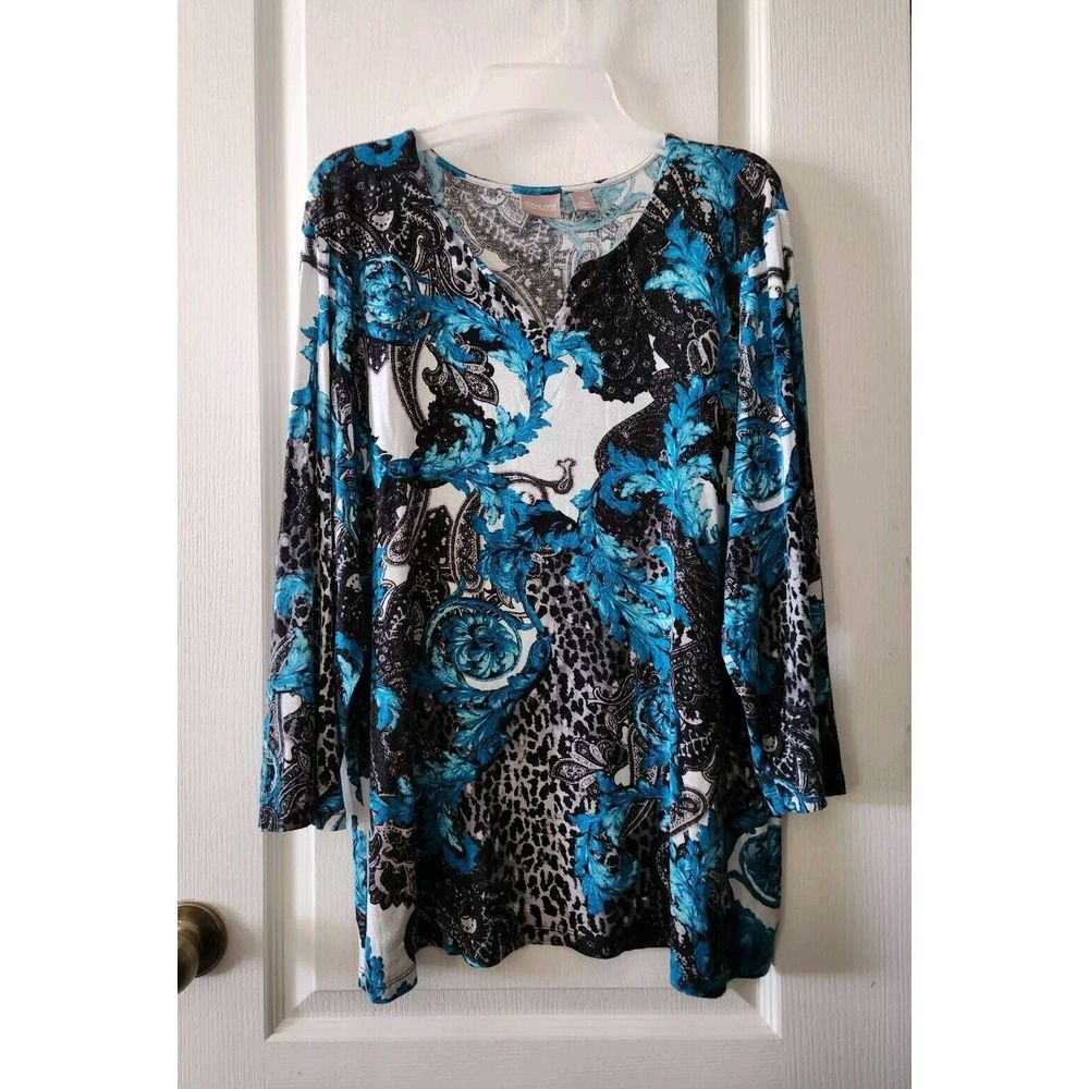 Chico's Womens Floral Top Round Neck Stretch Long Sleeve Blue White Size‎ 3(Xl)